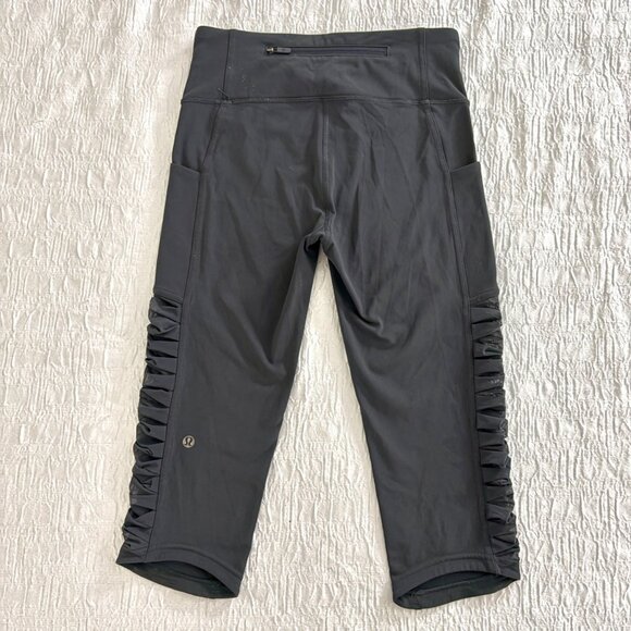 Lululemon Sharp Turns Crop 17" Luxtreme Blue Tied Grey Ruched Running Leggings 4 - Picture 5 of 13